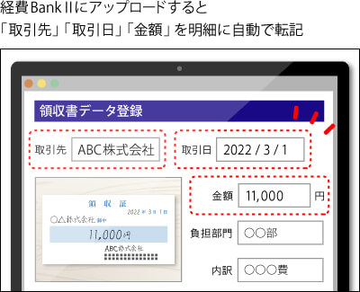 経費BankⅡにアップロードするとAI-OCRで取引先などを自動読み取り・明細に転記