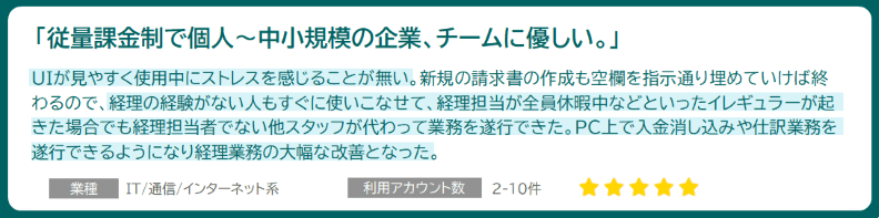 「従量課金制で個人~中小企業に優しい」業種:IT/通信/インターネット系 利用アカウント数:2-10件